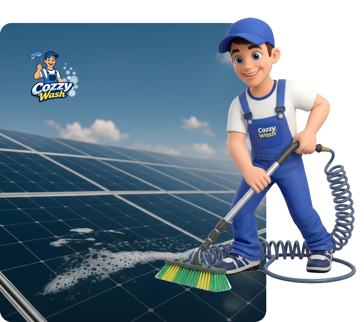 Cozzy Wash technician cleaning rooftop solar panels
